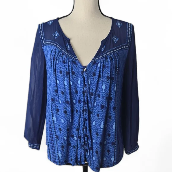 Lucky Brand Blue Embroidered Boho High Low Top Medium - Picture 4 of 7